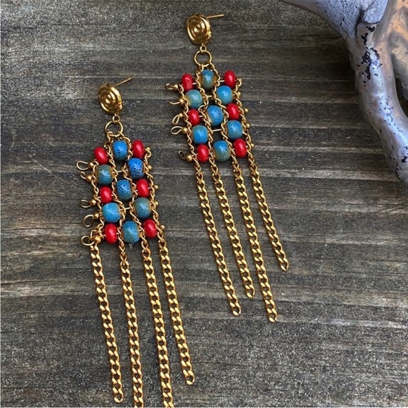 NEW Ceramic Beaded Gold Tassel Earrings - Picture 10 of 13